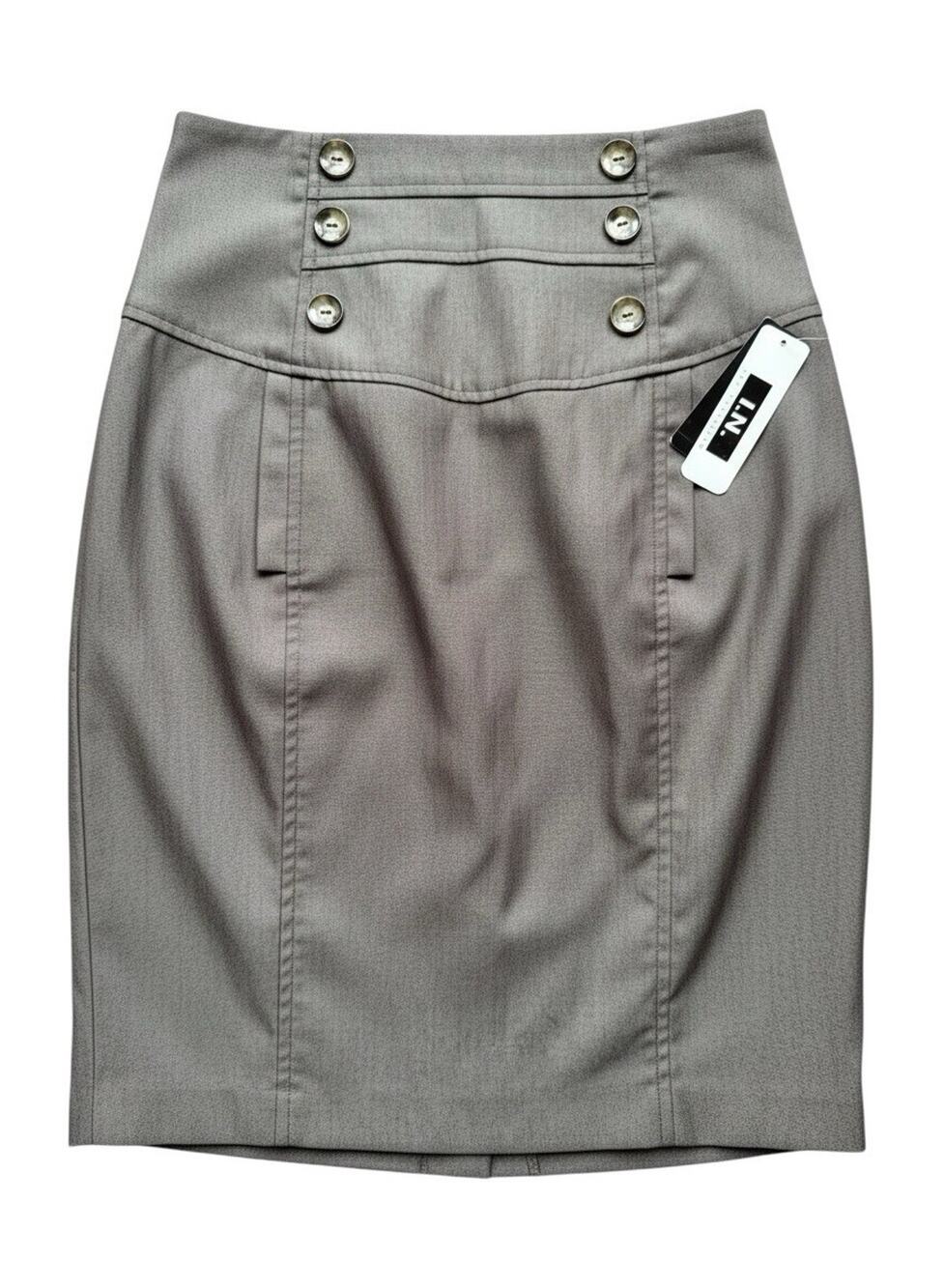 I.N. San Francisco Gray Twill Solid Knee Pencil Skirt Button Zip Stretch 3